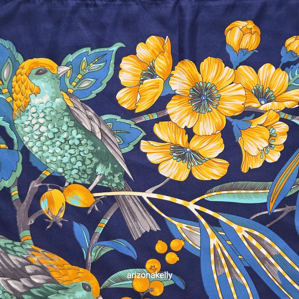 HUGE Silk Wrap Scarf Birds Blue Yellow - Picture 10 of 13
